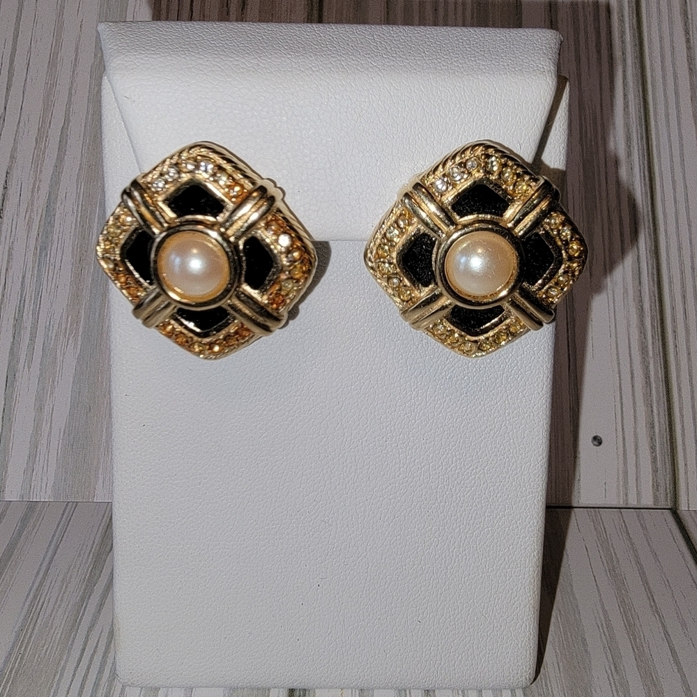 Vintage Black Enamel Faux Pearl Rhinestone Gold Tone Statement Earrings